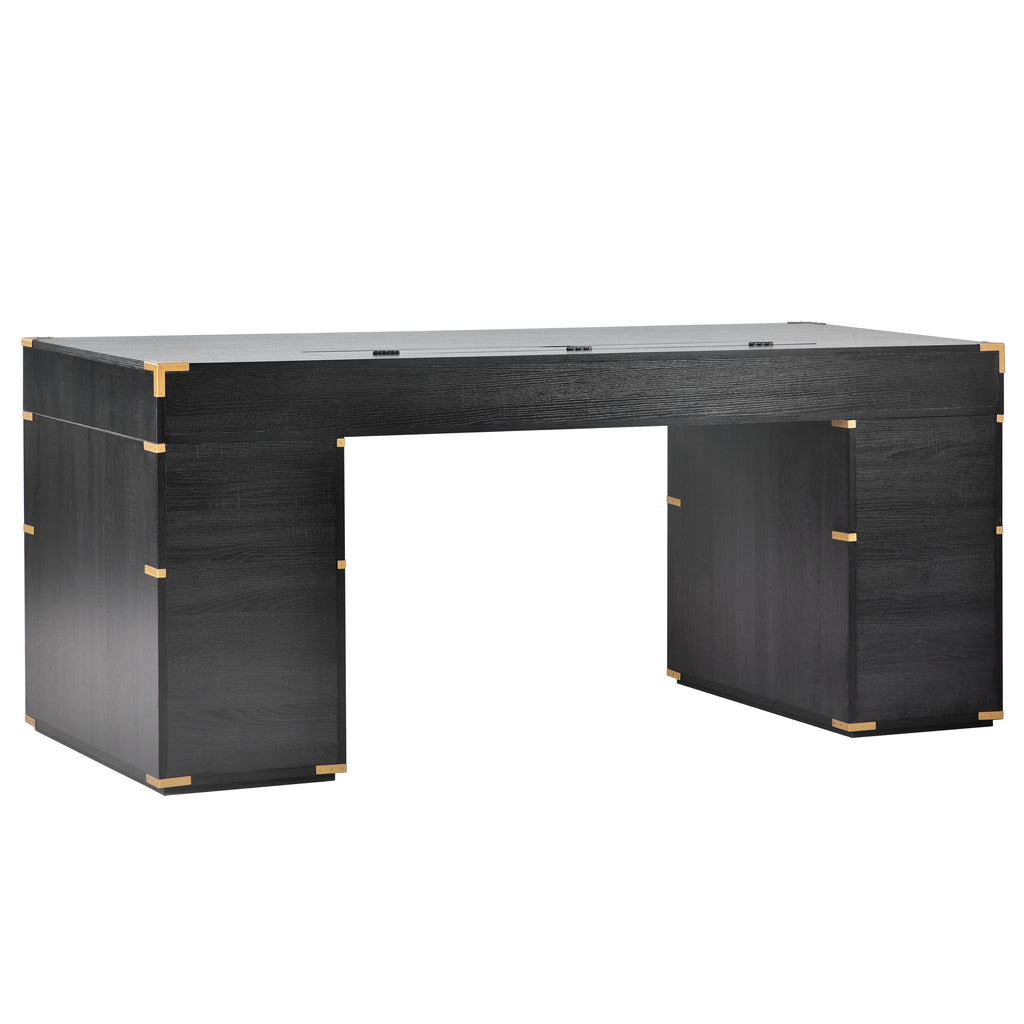 Black executive desk with metal trim and side drawers, angled front view