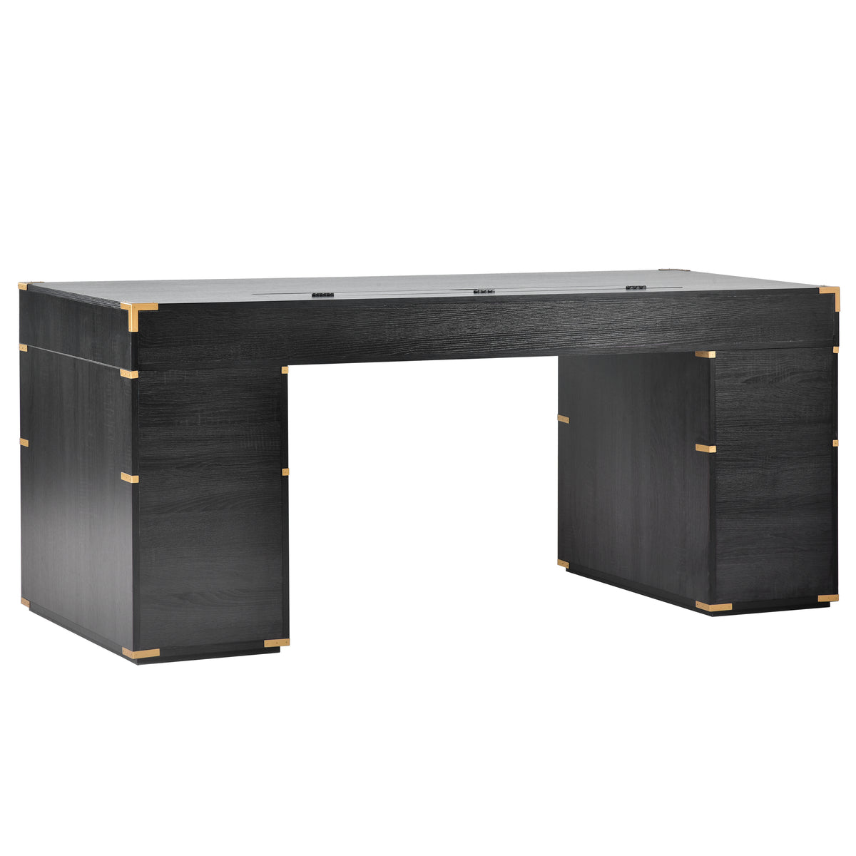 Black executive desk with metal trim and side drawers, angled front view