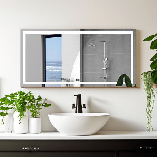 Bathroom LED mirror with white frame and bright perimeter edge lighting