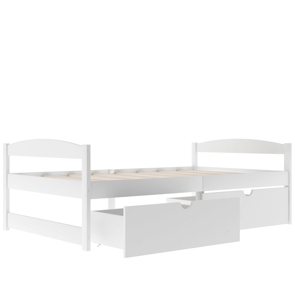White twin platform bed with two drawers and open storage area beneath the frame.