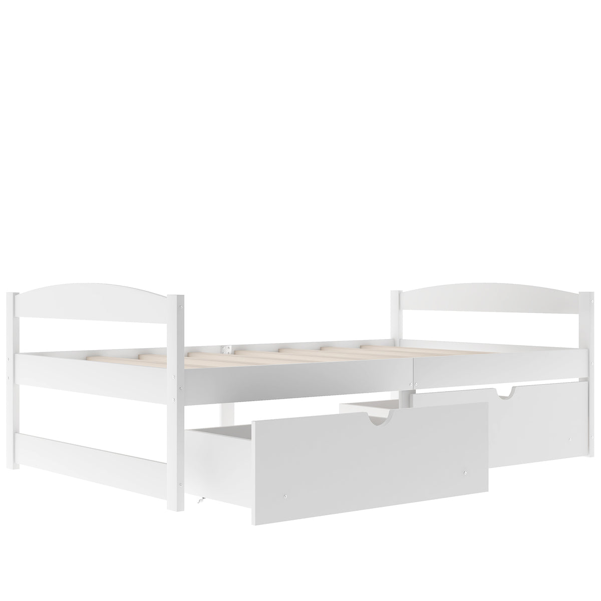 White twin platform bed with two drawers and open storage area beneath the frame.