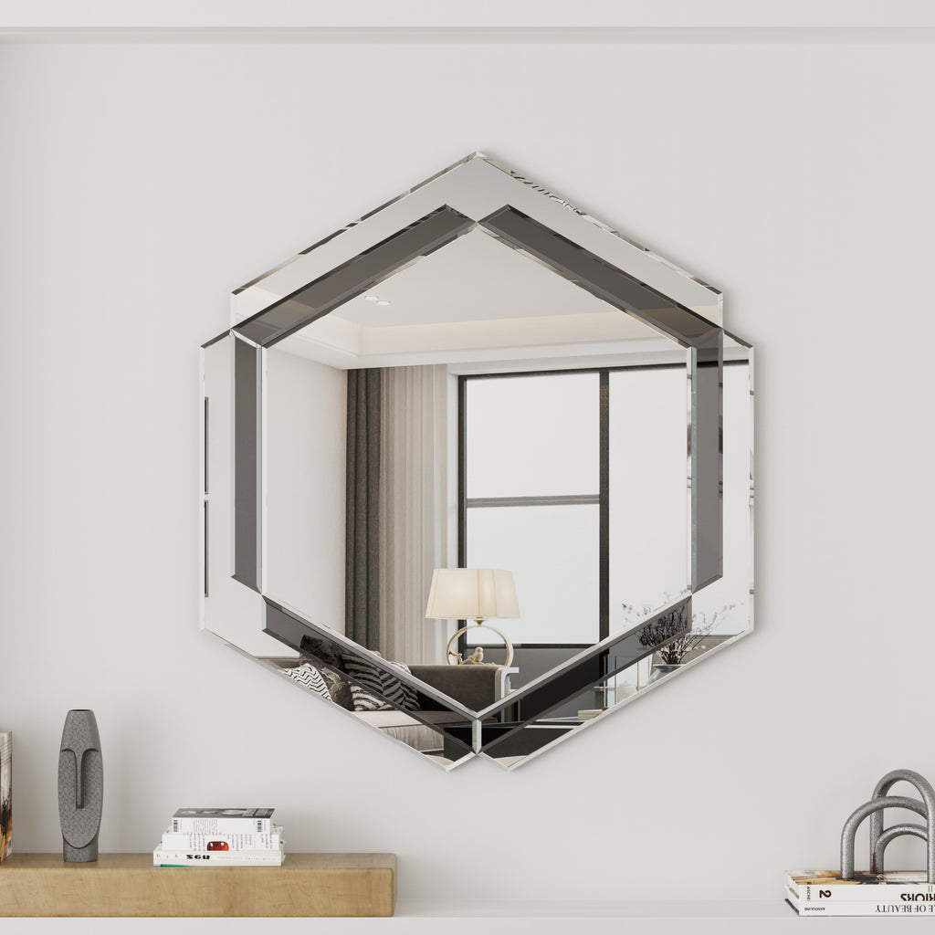 Octagon decorative wall mirror with silver trim and beveled reflective edges