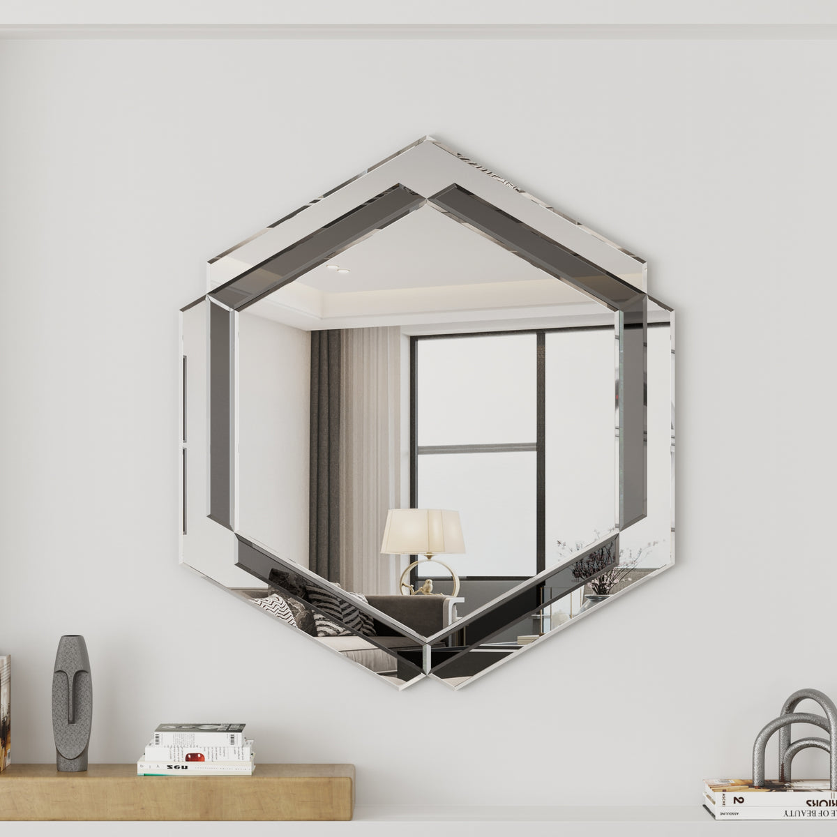 Octagon decorative wall mirror with silver trim and beveled reflective edges