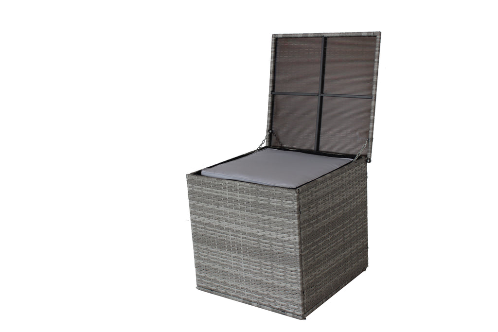 Grey wicker storage ottoman with open lid and inner storage compartment