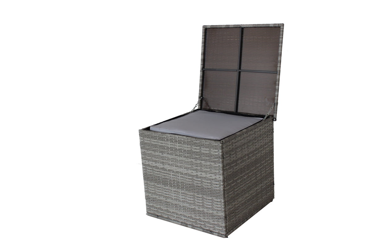 Grey wicker storage ottoman with open lid and inner storage compartment