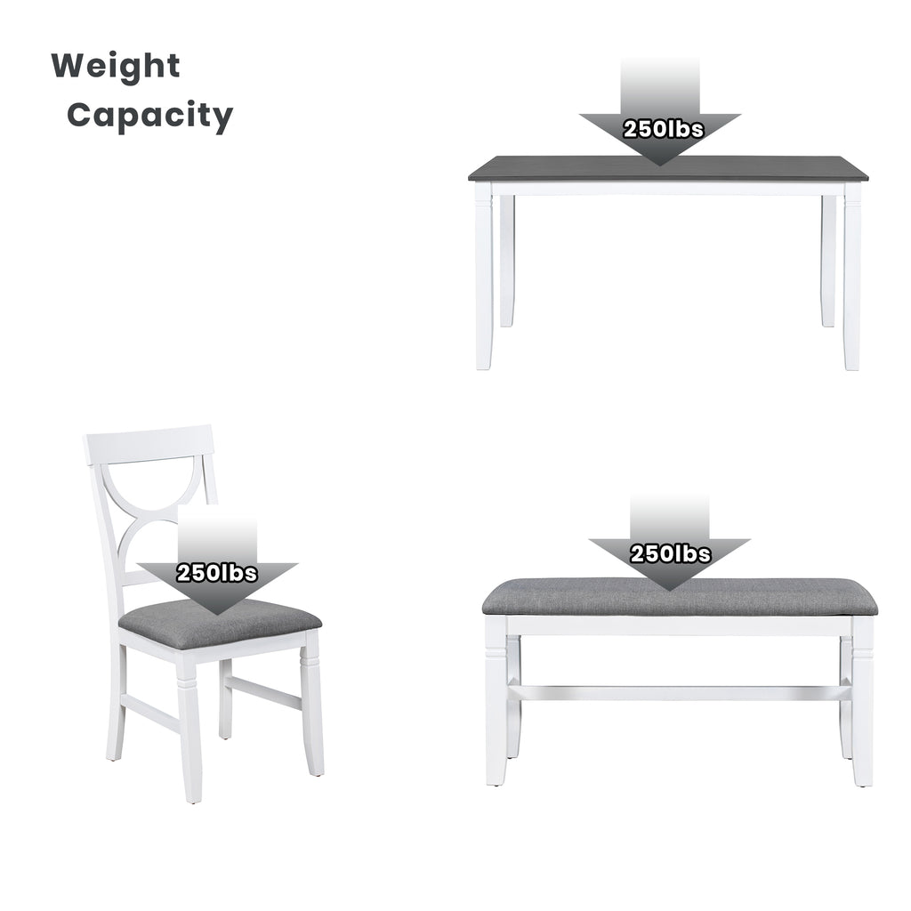 Dining set pieces: white chair with gray cushion and gray-cushioned upholstered bench