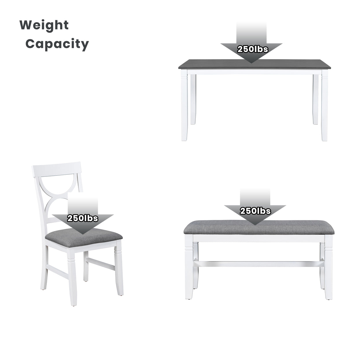 Dining set pieces: white chair with gray cushion and gray-cushioned upholstered bench