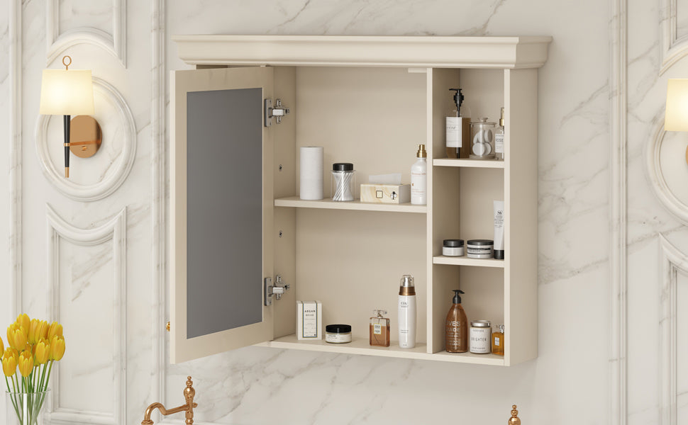 Wall cabinet with open mirrored door and shelves, showing neatly arranged toiletries