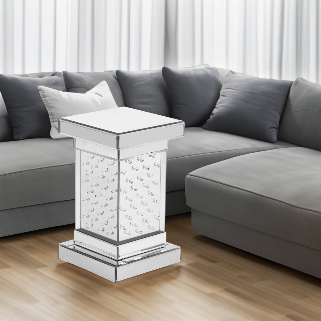 Square mirrored coffee table with crystal inlaid panels and chrome base, clear glass top.