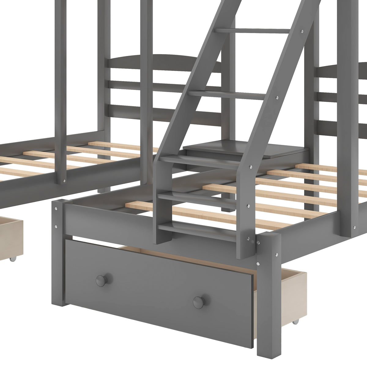 Gray bunk bed drawer unit with round knobs and ladder detail