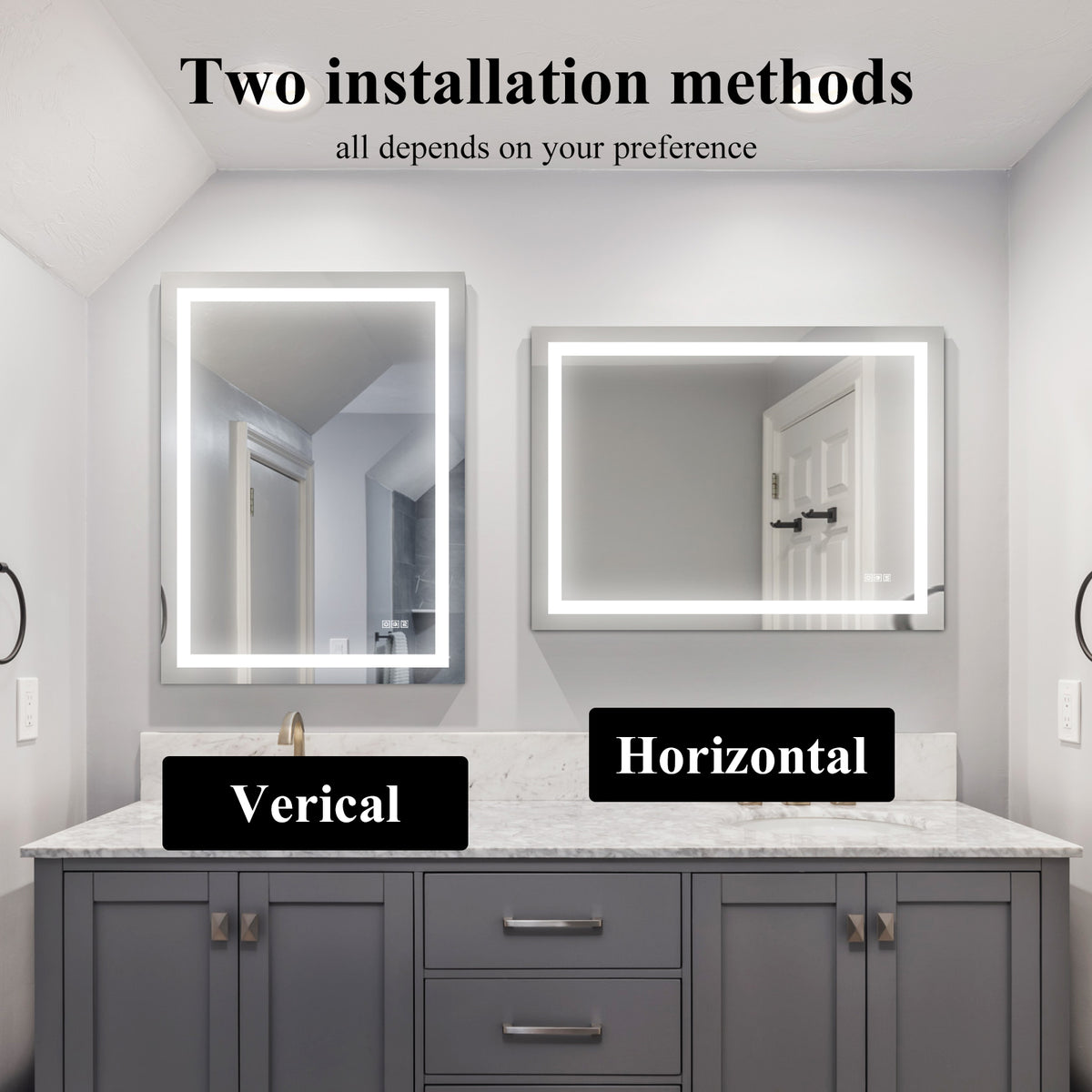 LED bathroom mirror shown for vertical and horizontal installation orientations