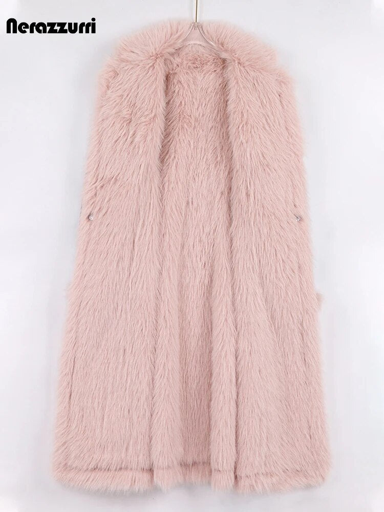 Pink faux fur lining coat back panel, long length with vertical tufted texture