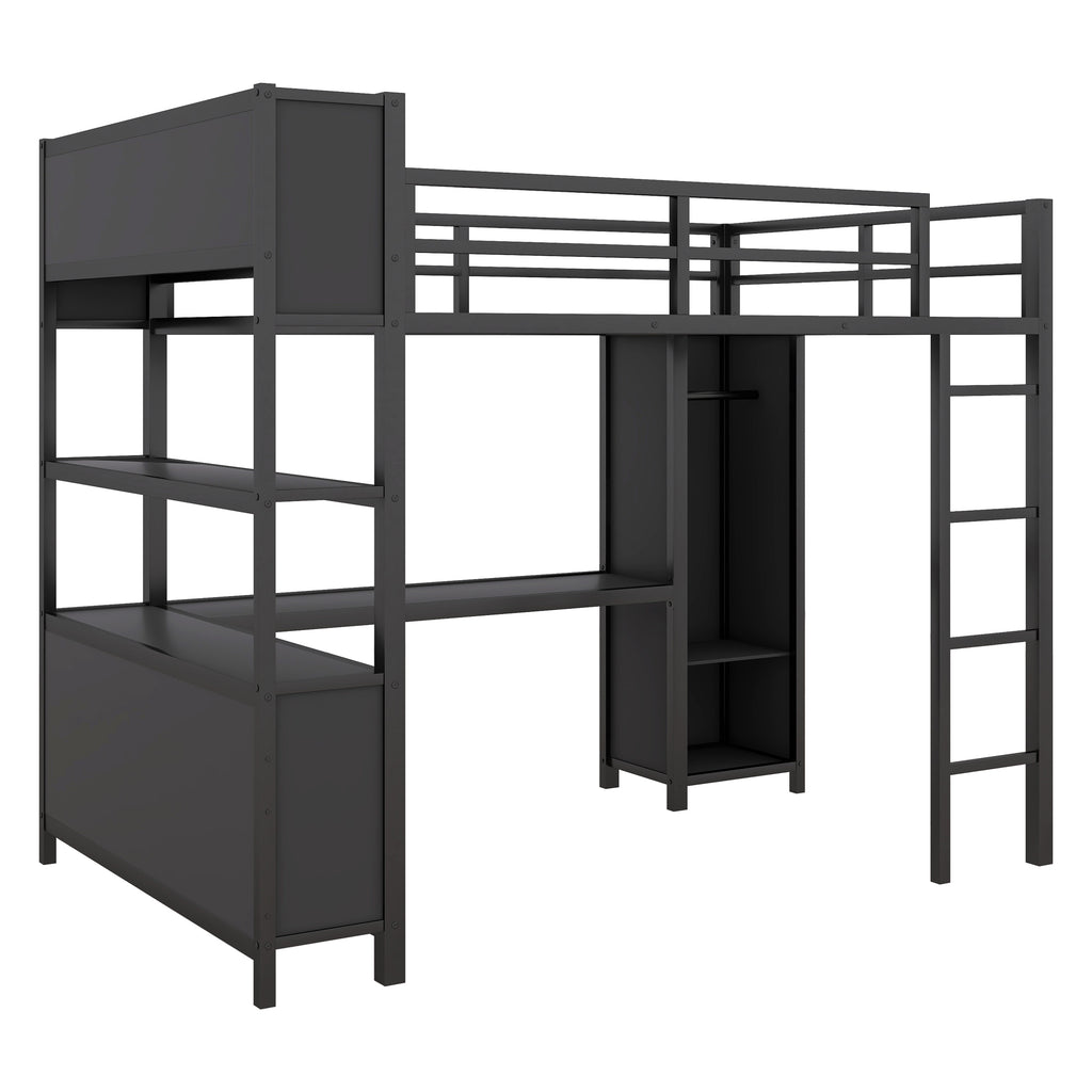 Black metal full-size loft bed with ladder, side cabinet, and under-bed storage shelves