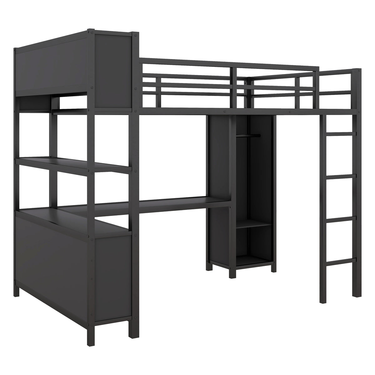 Black metal full-size loft bed with ladder, side cabinet, and under-bed storage shelves