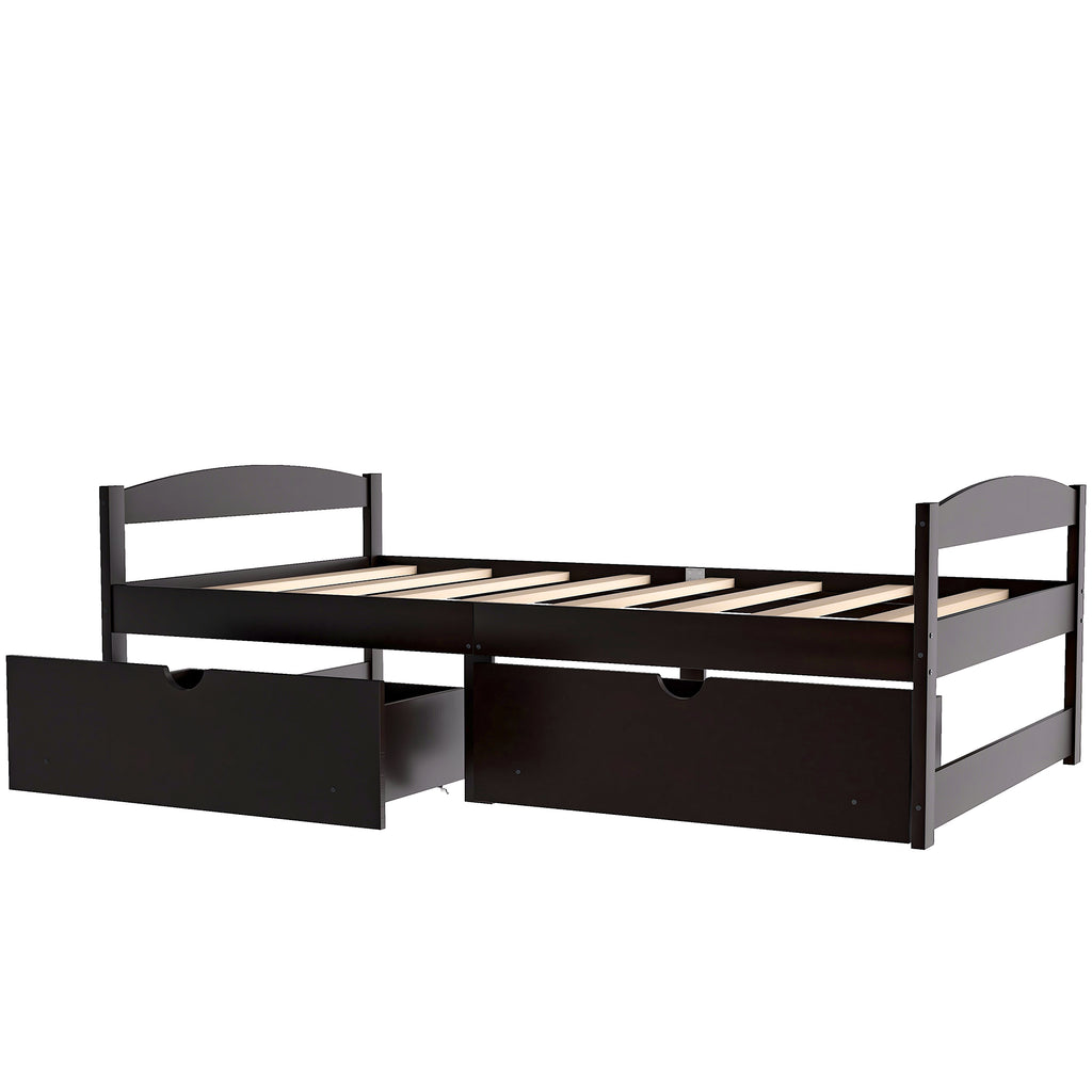 Espresso twin platform bed with two under-bed drawers and slatted mattress support