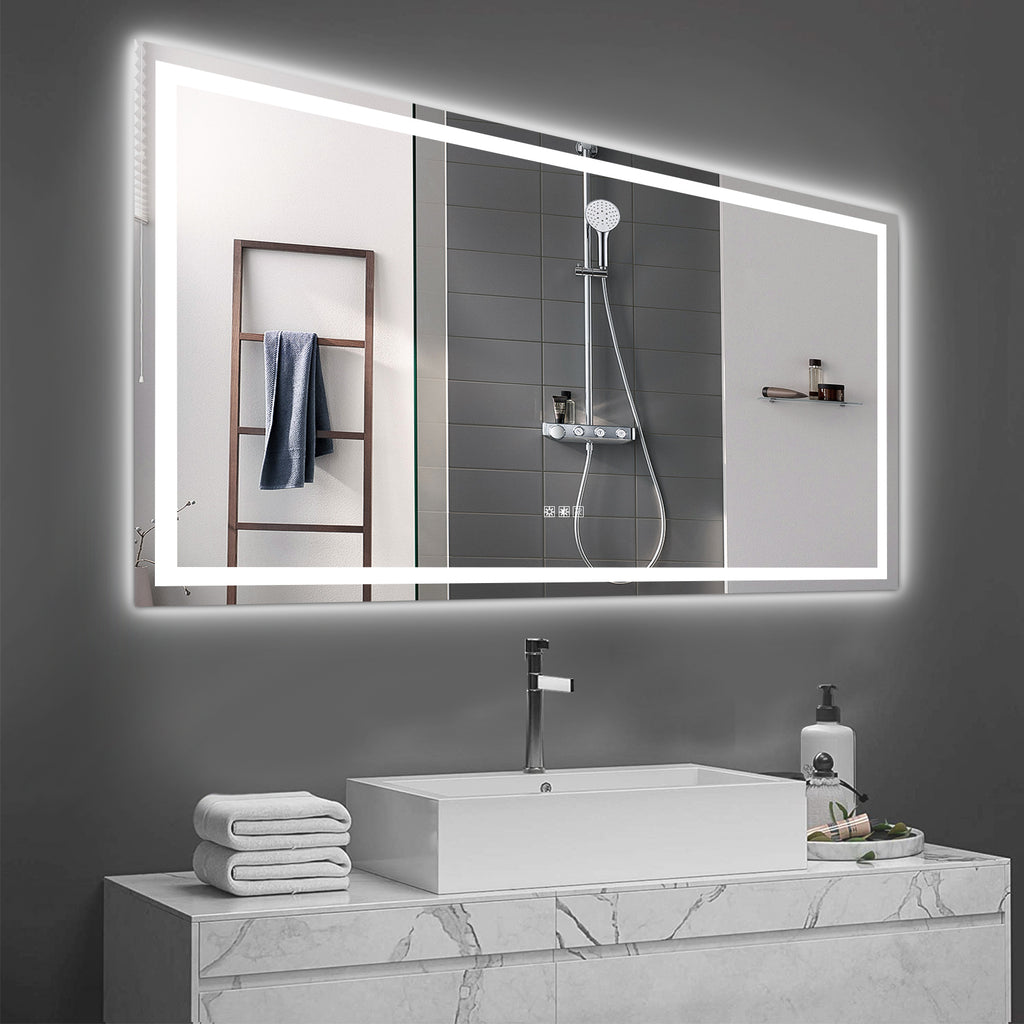 LED bathroom mirror with white frame and bright glowing border above the sink