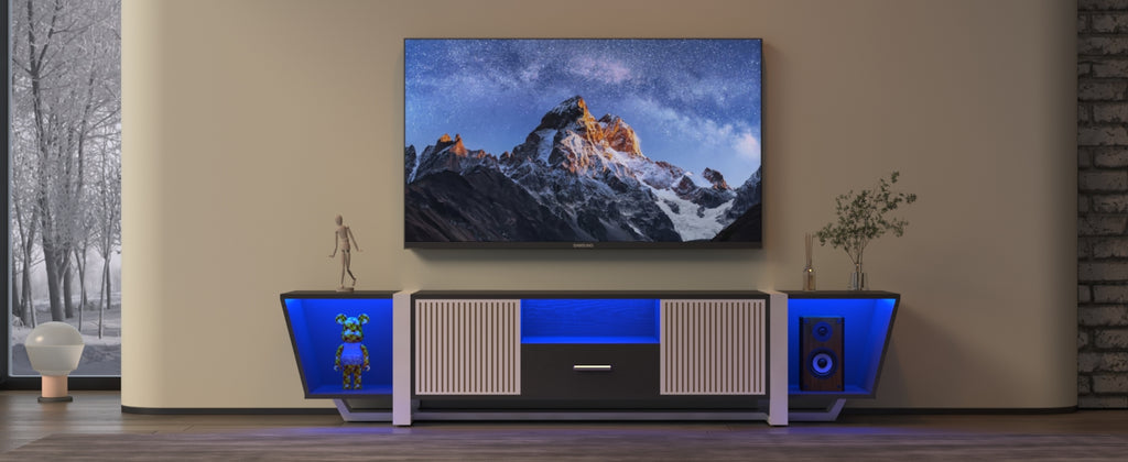 Black TV console with striped doors, center drawer, and blue-lit side panels