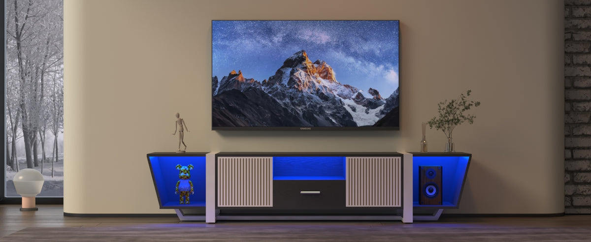 Black TV console with striped doors, center drawer, and blue-lit side panels
