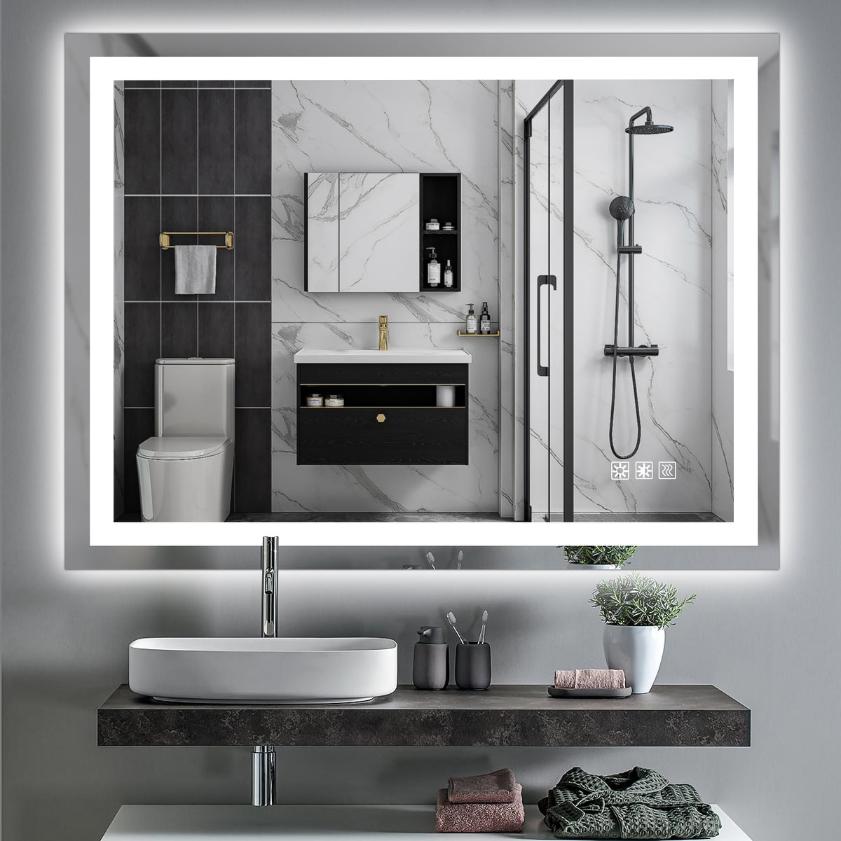 LED bathroom vanity mirror with bright white border above sink and faucet