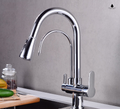 Chrome kitchen faucet with high arched spout, single lever handle, pull-out sprayer