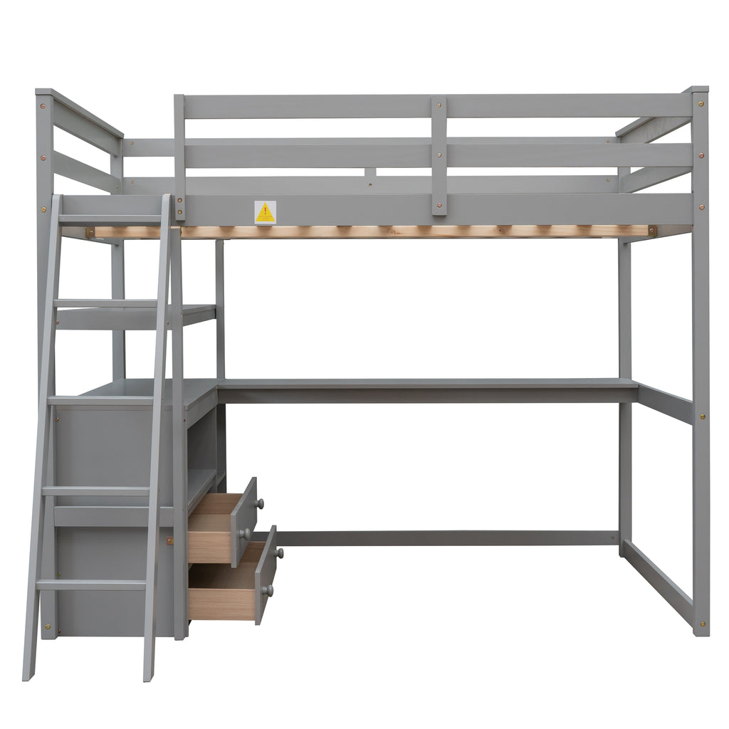 Gray loft bed frame with ladder and side shelves, underside desk space