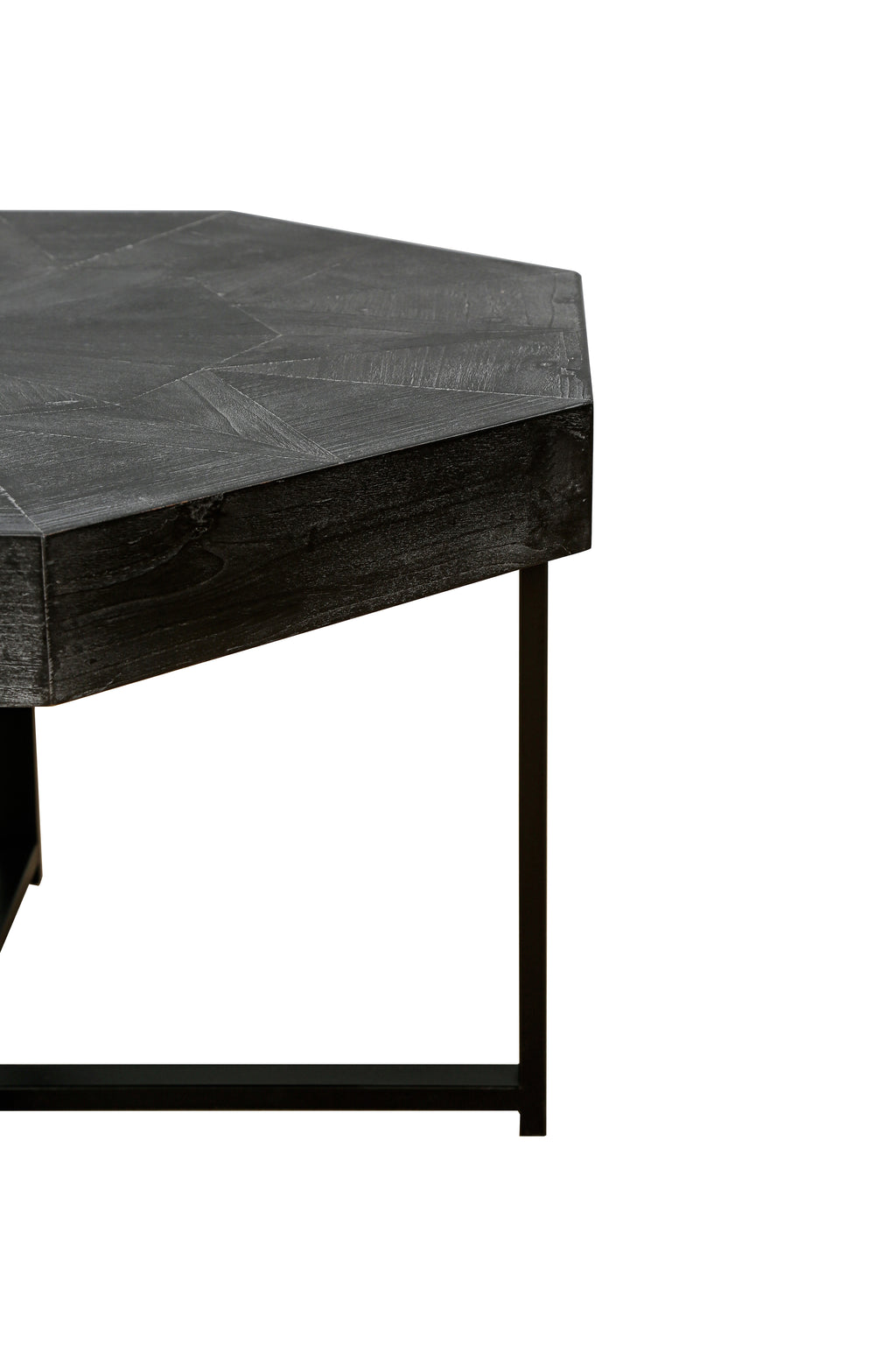 Antique black tabletop corner and black metal leg of octagonal coffee table
