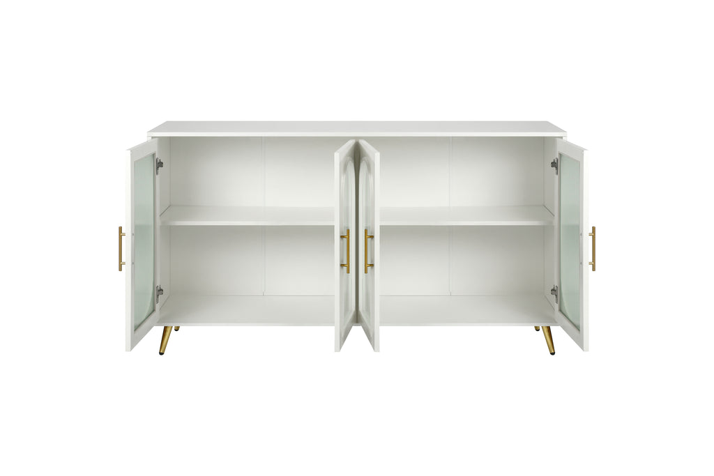 Antique white TV stand interior view with two open sections and adjustable shelves