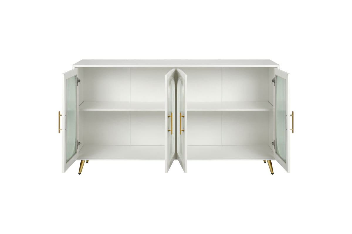 Antique white TV stand interior view with two open sections and adjustable shelves