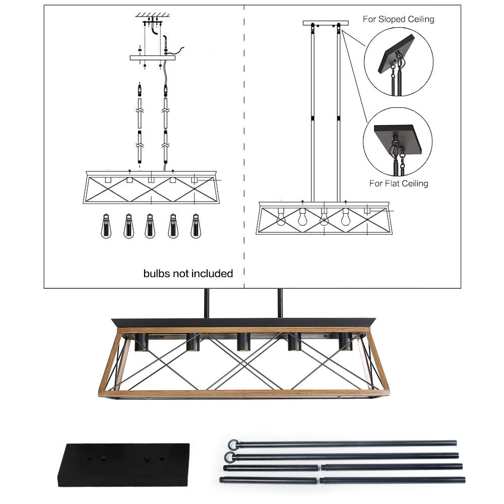 5-light chandelier mounting diagram for flat and sloped ceiling installation