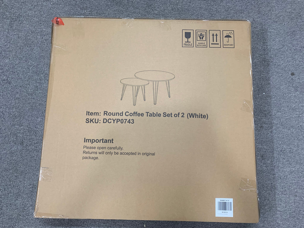 Retail package box for round nesting coffee table set of 2 in white
