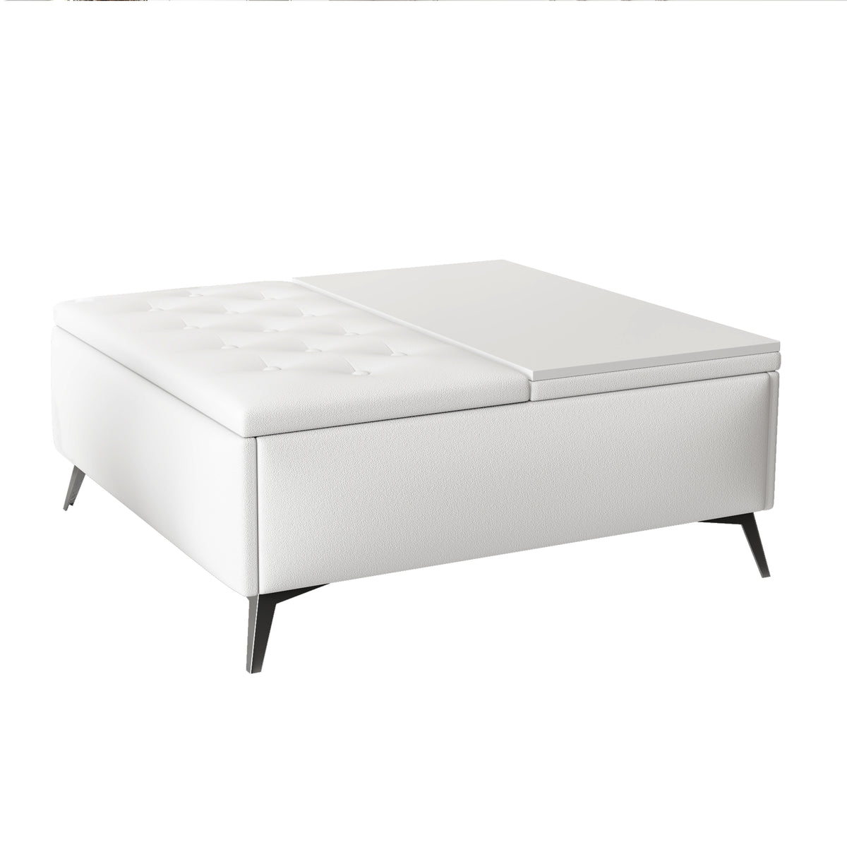 White upholstered lift-top storage ottoman bench with tufted lid and tapered legs