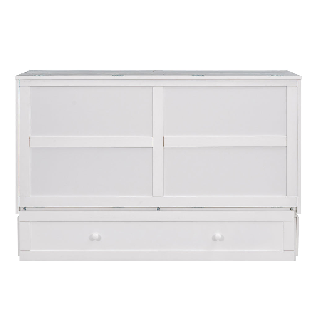 White Murphy bed cabinet with two top-door panels and a centered drawer