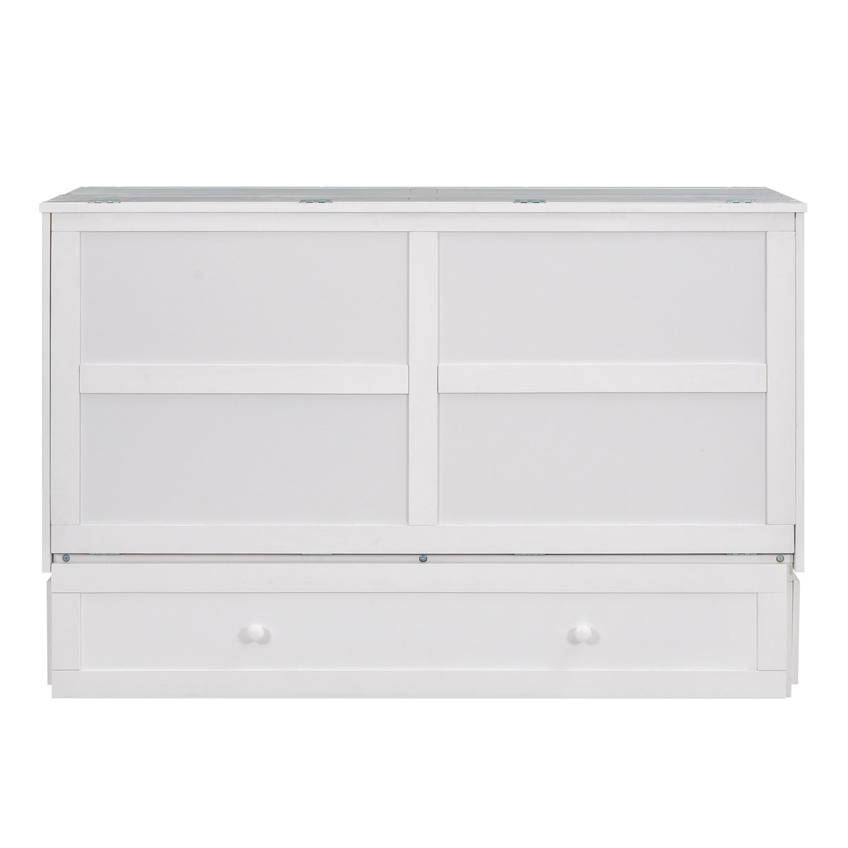 White Murphy bed cabinet with two top-door panels and a centered drawer
