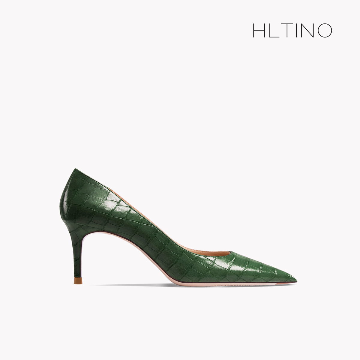 Green pointed-toe high heel shoe in patent with crocodile texture, narrow stiletto