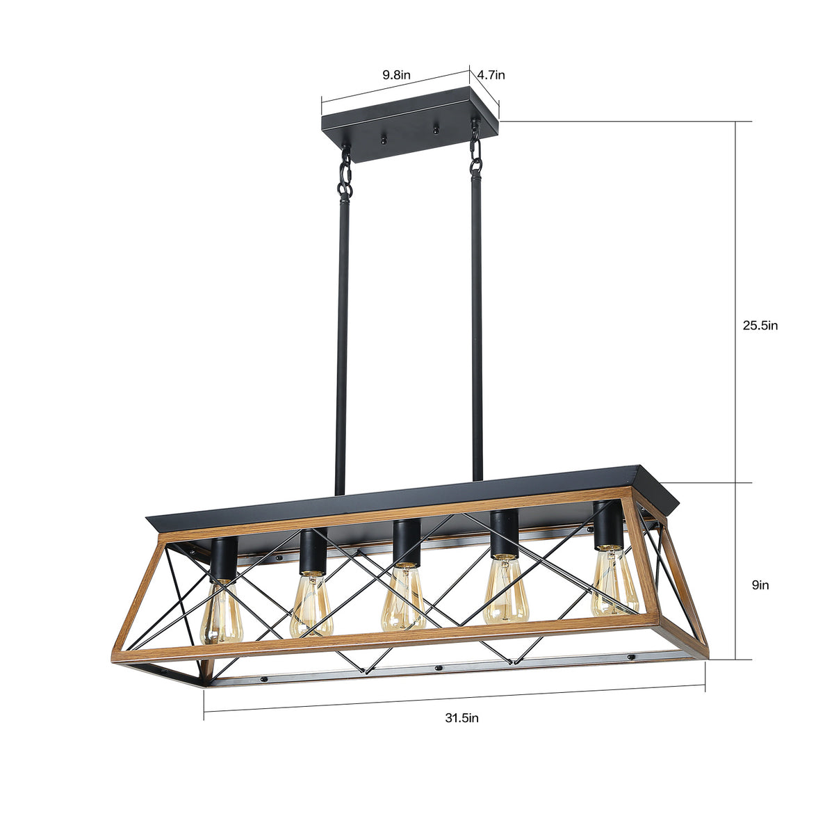Rectangular 5-light chandelier with black suspension rods and walnut frame; dimensions shown