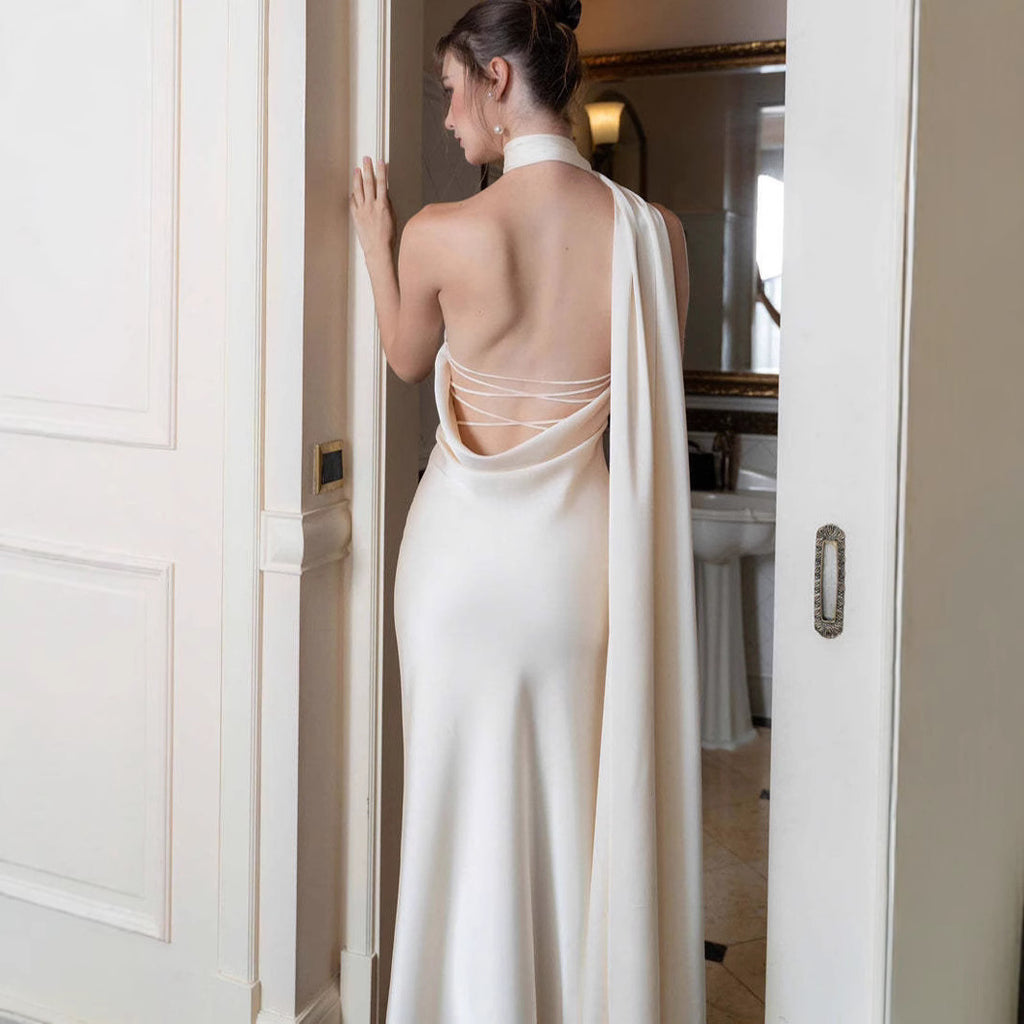 White satin halter backless evening dress, open-back crisscross straps