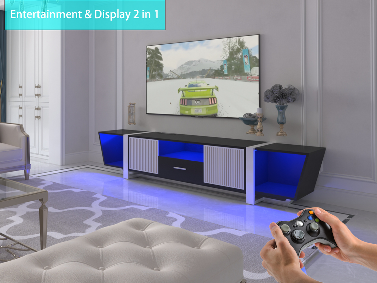 Black TV console with striped cabinet doors, center drawer, and blue-lit side cubbies