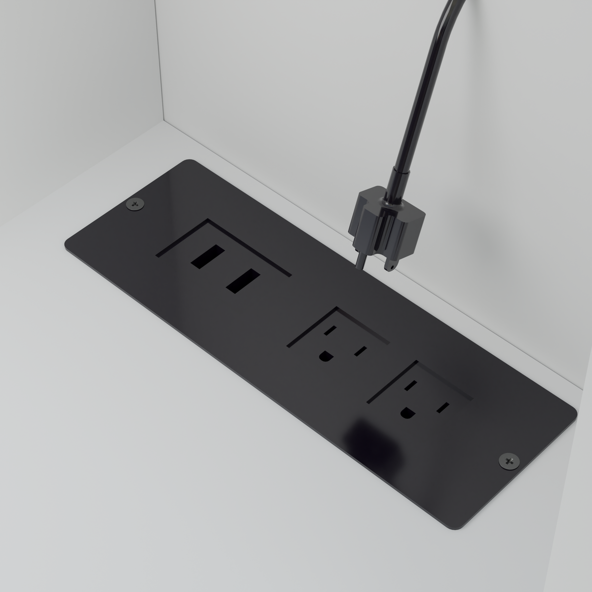 Black built-in power and outlet panel on dressing table surface