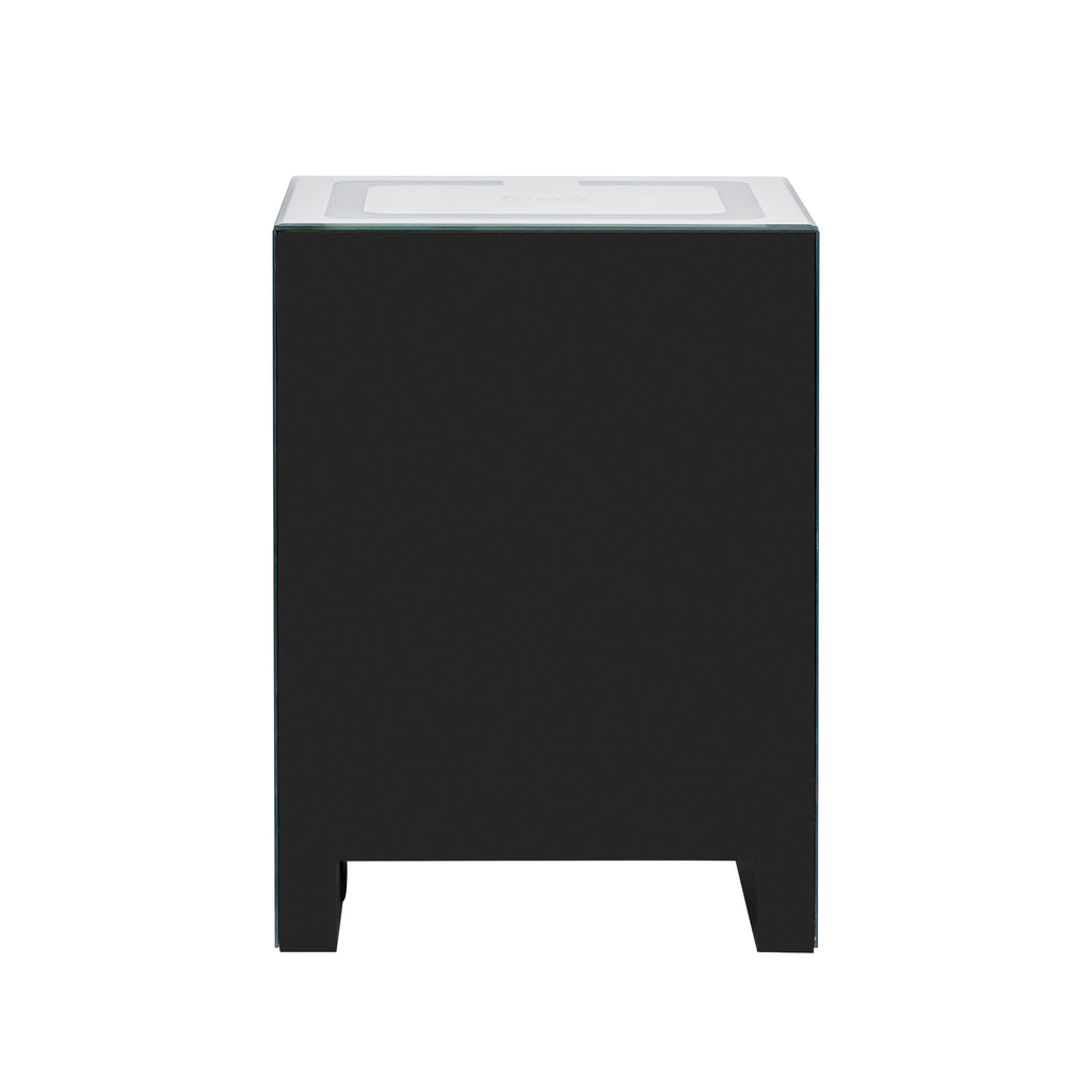 Rectangular coffee table base with dark front panel and mirrored top edge