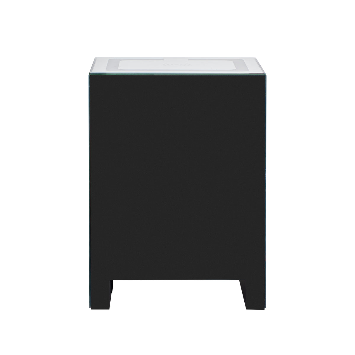 Rectangular coffee table base with dark front panel and mirrored top edge