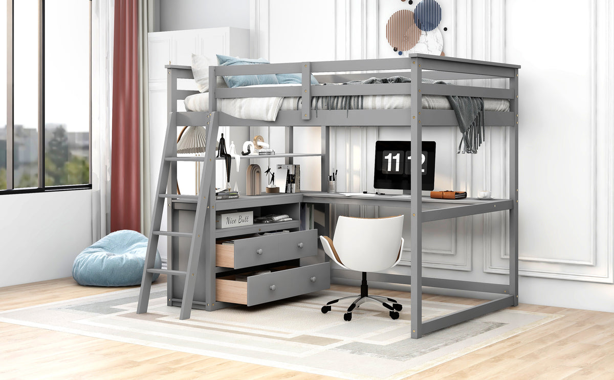 Gray loft bed with built-in desk, shelves, and two drawers; pine slat platform