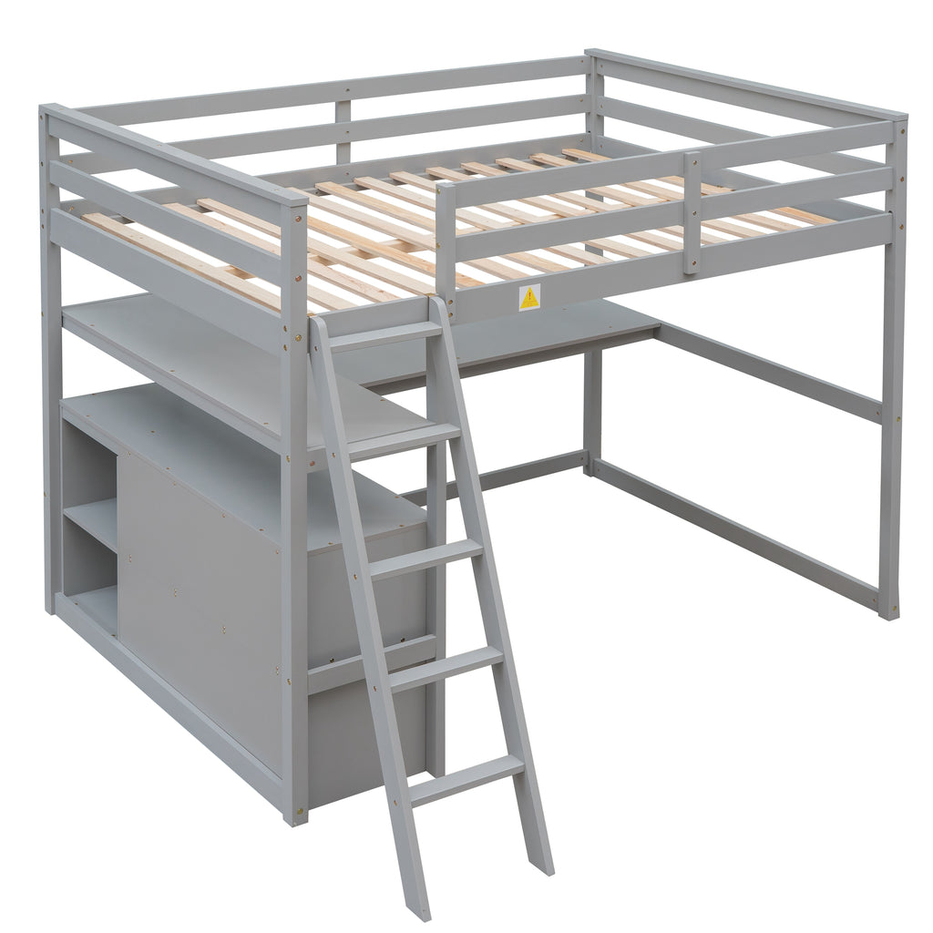 Gray loft bed with ladder and guard rails, open shelves and slatted mattress support
