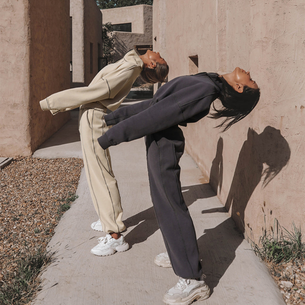 Charcoal sports hoodie and jogger set, half-zip, elastic waistband and cuffed legs