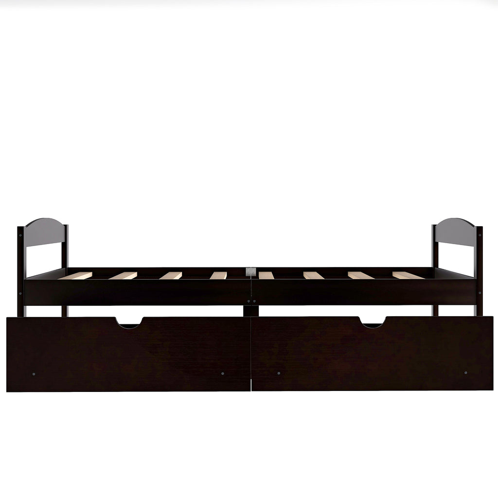 Espresso twin platform bed with two drawers, front view with slat mattress support
