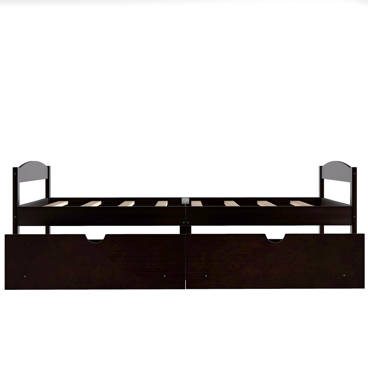 Espresso twin platform bed with two drawers, front view with slat mattress support