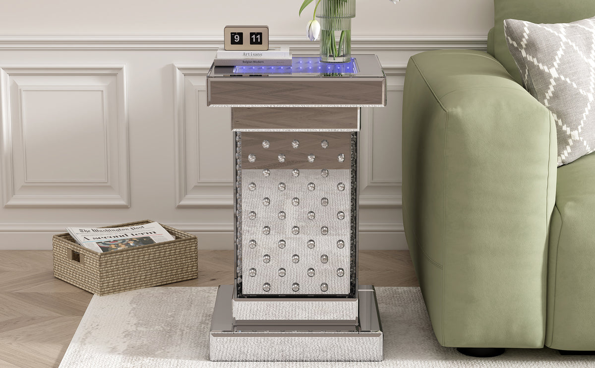 Silver square mirror side table with crystal inlay and glowing LED lights, modern style