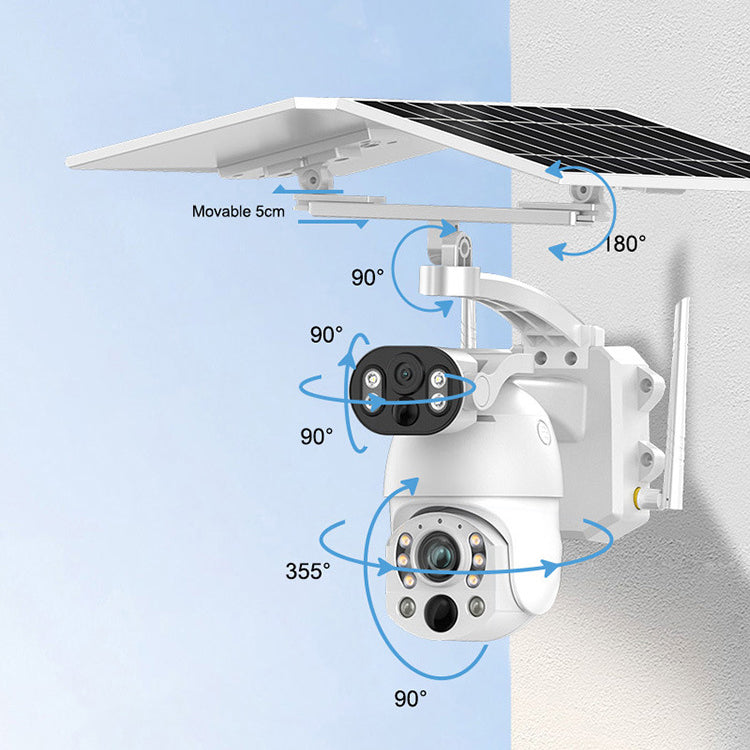 White solar dual-lens camera with adjustable swiveling angles and rotating bracket