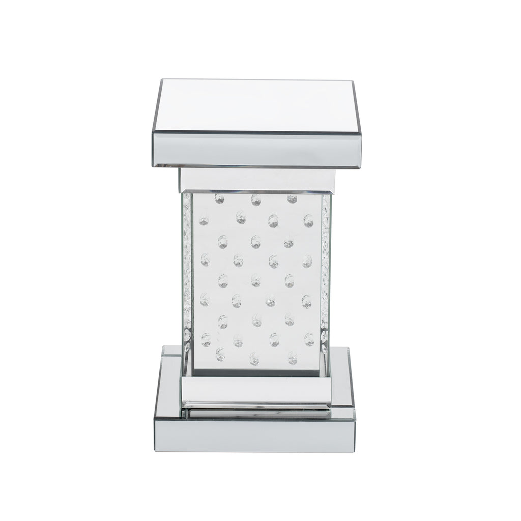 Square mirrored side table side view with crystal inlaid panel, clear glass top, chrome base.