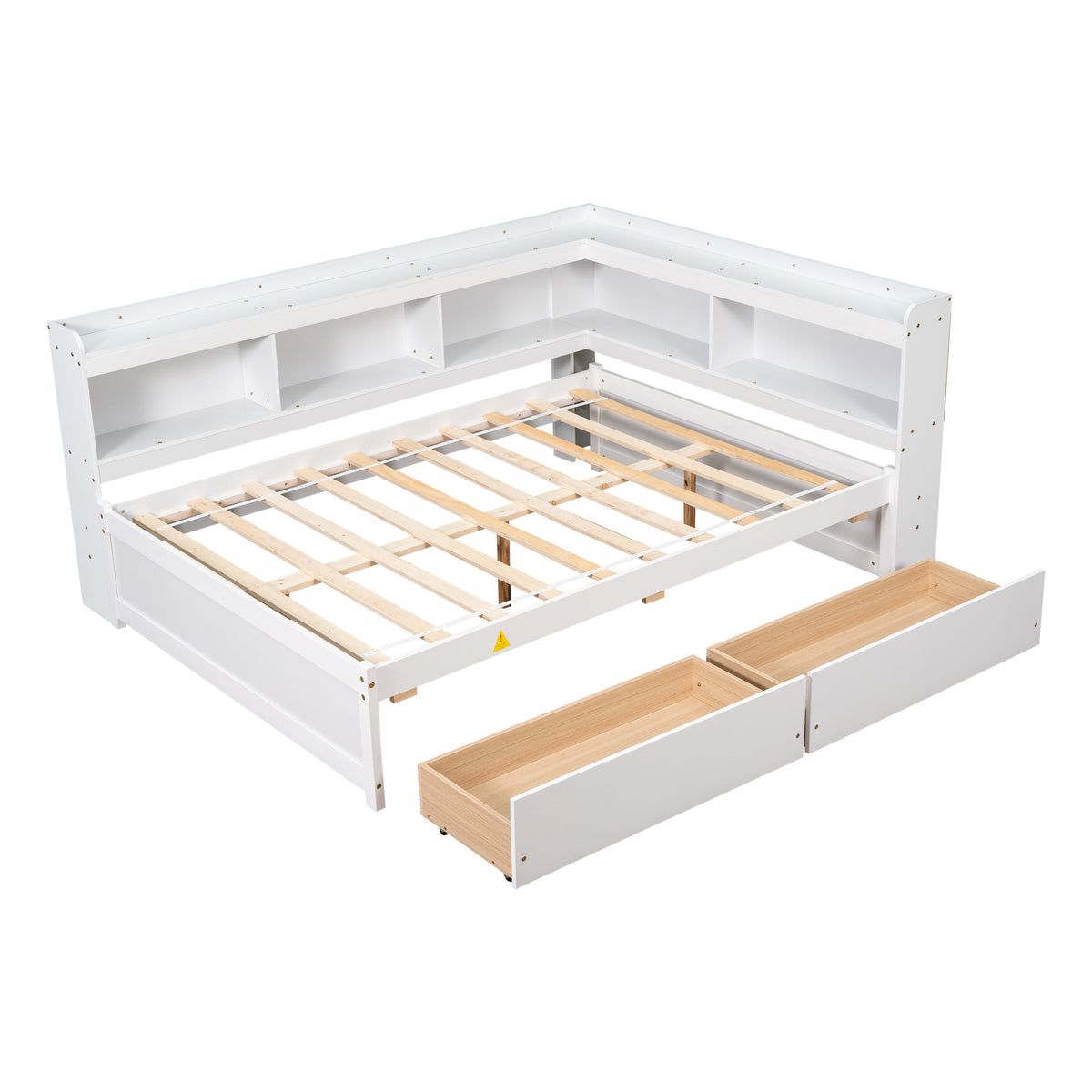 White bed frame with L-shaped bookcase and pull-out drawer; slatted mattress base