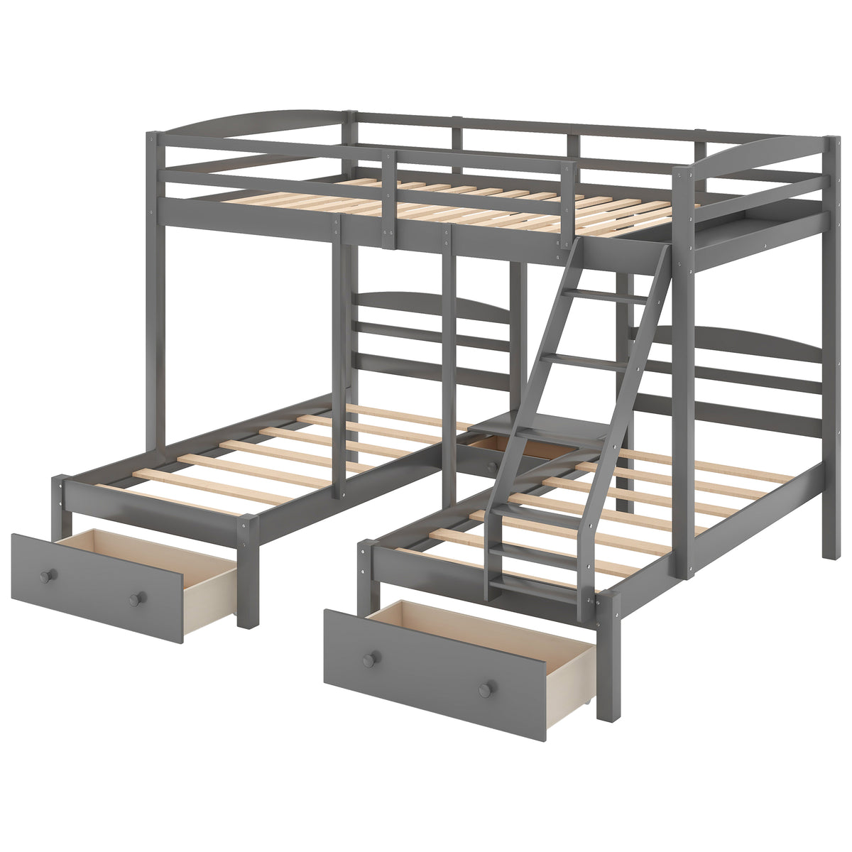 Gray triple bunk bed with ladders and four drawer units under the lower beds
